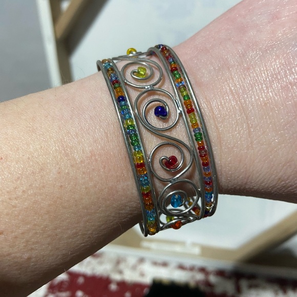 Cuff Bracelet, Rainbow Seed Beads and Silver Tone Scrolling - Picture 1 of 6